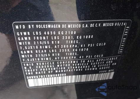 2024 Volkswagen Taos 1.5T Se from USA, damaged, VIN 3VVVX7B21RM088089